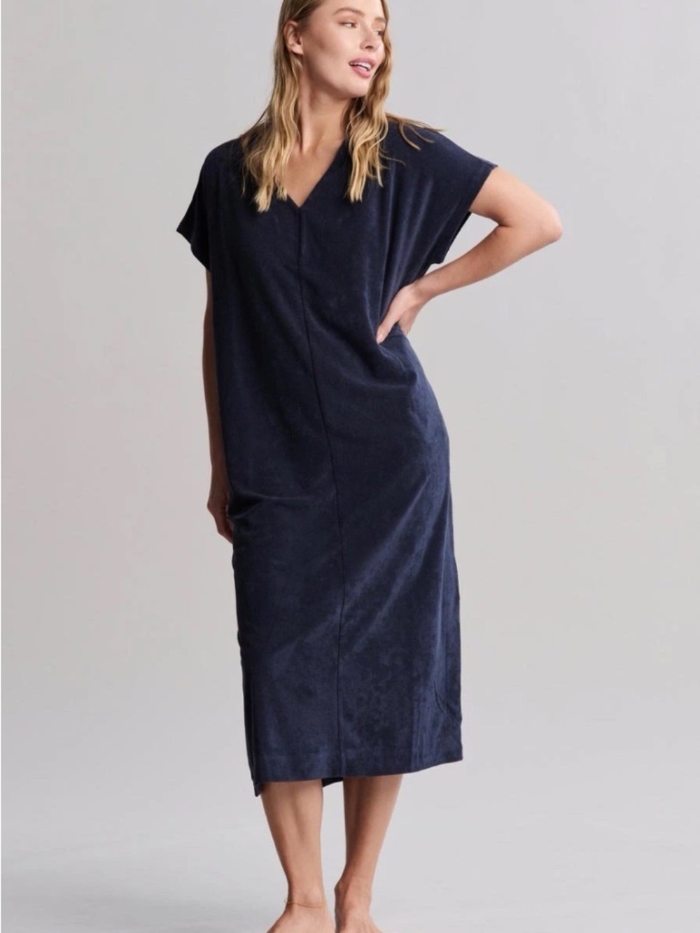 Barefoot Dreams CozyTerry V-Neck Caftan Indigo Large
